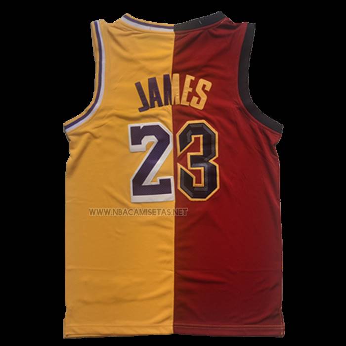 Camiseta Cleveland Cavaliers Los Angeles Lakers LeBron James NO 23 Split Rojo Amarillo